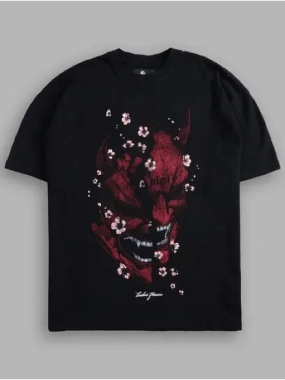 Darc Sport Black Tee with Red Demon & Pink Floral Graphic